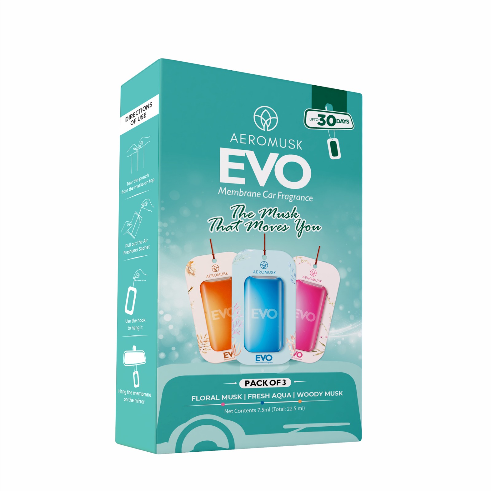 AEROMUSK EVO Hanging Car Perfume – Fresh Aqua, Floral Musk & Woody Musk | Pack of 3 | Long-Lasting Membrane Car Air Freshener | Premium Car Accessories Interior | Luxury Car Fragrance | Up to 30 Days